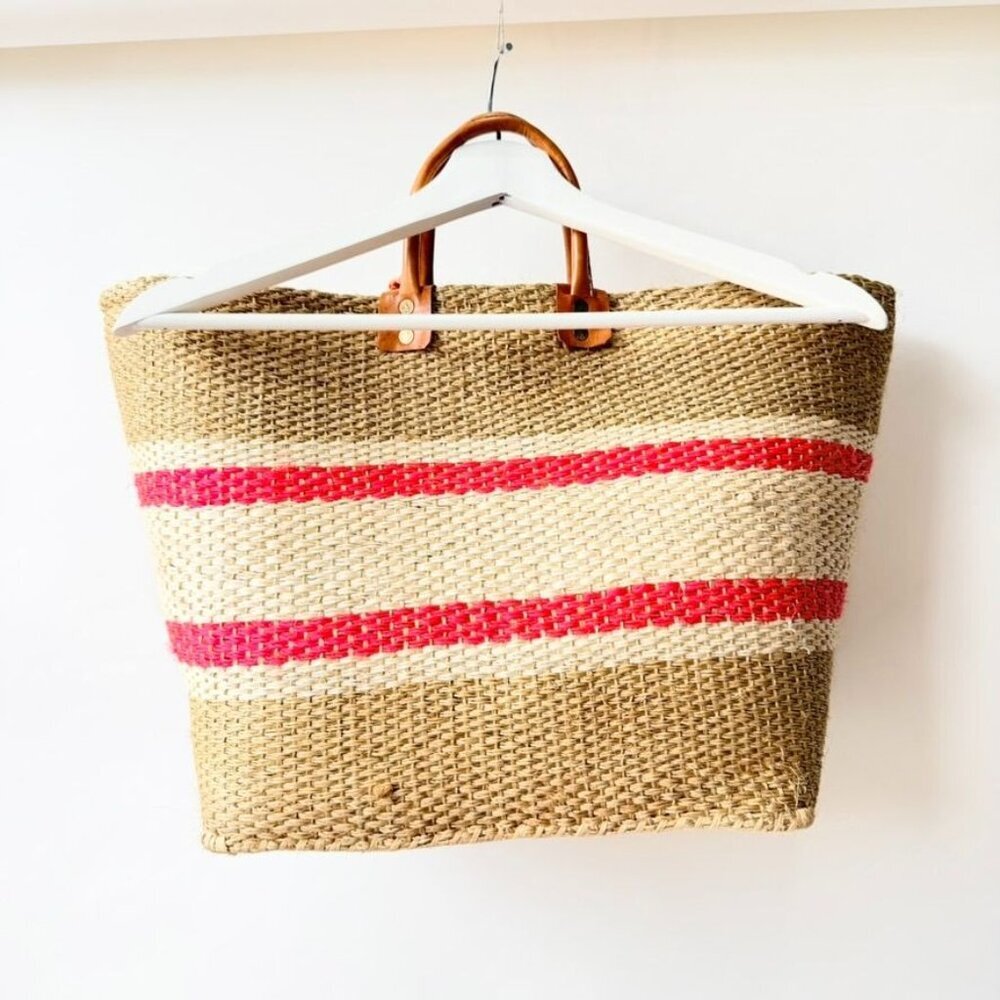 Mar Y Sol Caracas Tote Straw Raffia Pom Pom Beach Tote - Beige/Red - Picture 3 of 11